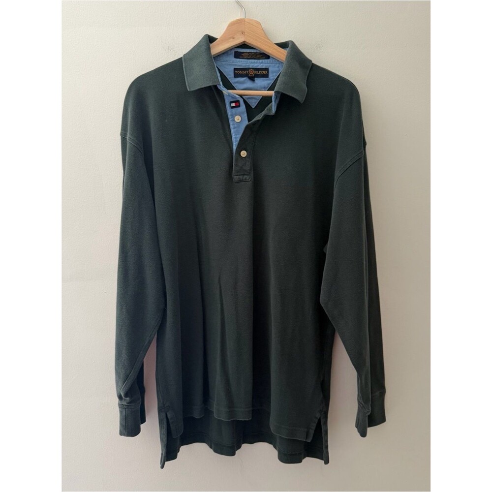 Tommy Hilfiger Vintage Polo Long Sleeve Forest Green Logo Size Large Pique Knit